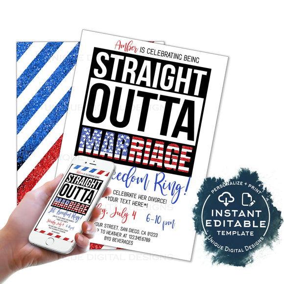 Straight Outta Marriage Invitation, Editable Divorce Party Invite, Singles 4th of July Let Freedom Ring Wedding Summer Celebration INSTANT