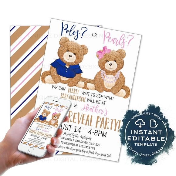 Editable Teddy Bear Gender Reveal Invitation, Polos or Pearls Invite, He or She, Pink or Blue Baby Shower Party, Printable INSTANT ACCESS