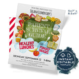 Parent Survival Guide Flyer, Healthy Lunch snacks Editable PTA Invitation Cafeteria Schedule Printable School Invitation pto meeting INSTANT