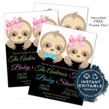 Twin Sloth Baby Shower Invitation, Editable Twins Sloth Baby Shower Invite, Slow Down Baby Girl Boy, He or She Printable Template INSTANT