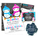 Penguin Gender Reveal Invitation, Editable Winter He or She Waddle Baby Be Baby Shower Invite