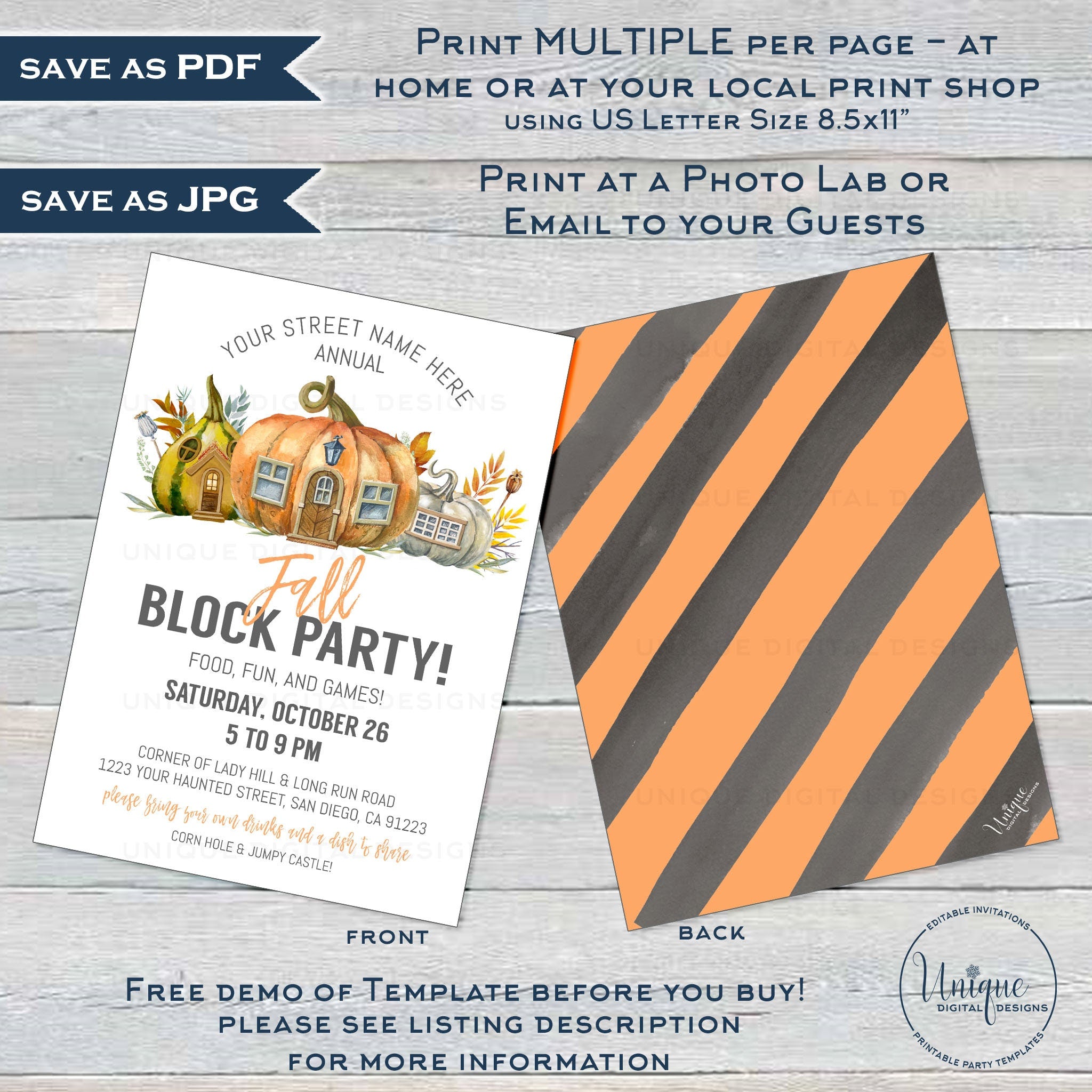 Fall Block Party Invitation, Editable Street Party Invite, Fall Neighb