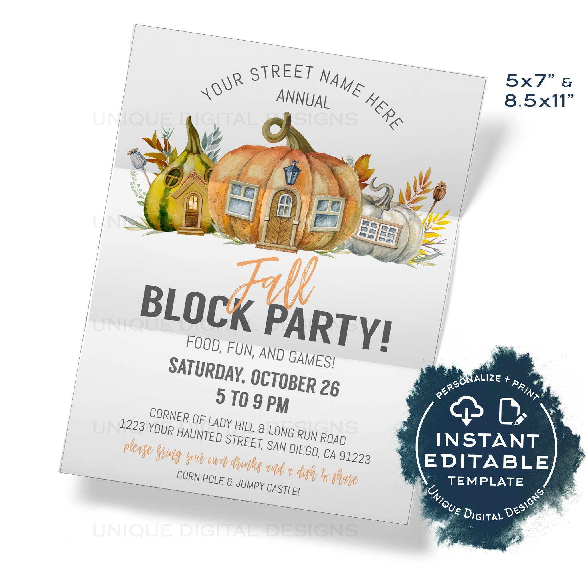 Fall Block Party Invitation, Editable Street Party Invite, Fall Neighb