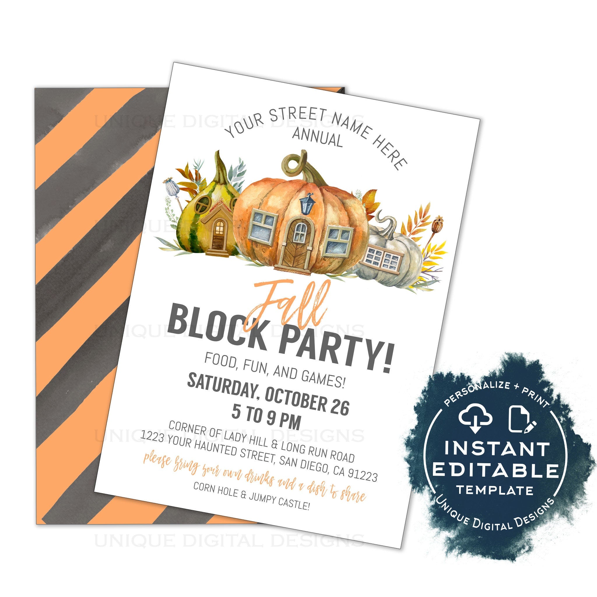 Fall Block Party Invitation, Editable Street Party Invite, Fall Neighb