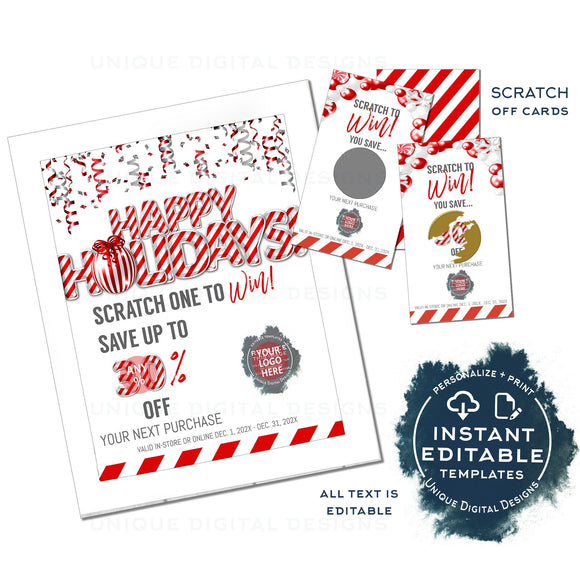 Editable Scratch Off Cards, Printable Scratch to Win Small Business Branding, Holiday Christmas Scratch Off, Customer Christmas Gift INSTANT
