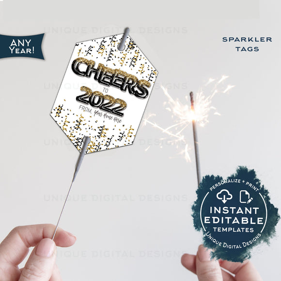 Editable New Years Sparkler Tags, Personalized 2022 New Years Eve Party Sparkler Cover Favors, diy Birthday Party Printable Template INSTANT