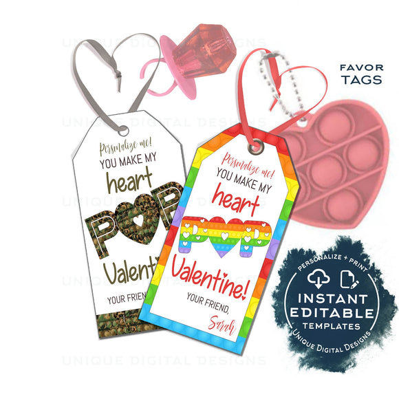 Valentine's Gift Tags, Editable You Make my Heart Pop, Pop it Valentine Card, Non Candy Kids Class School Teacher Printable Favor INSTANT
