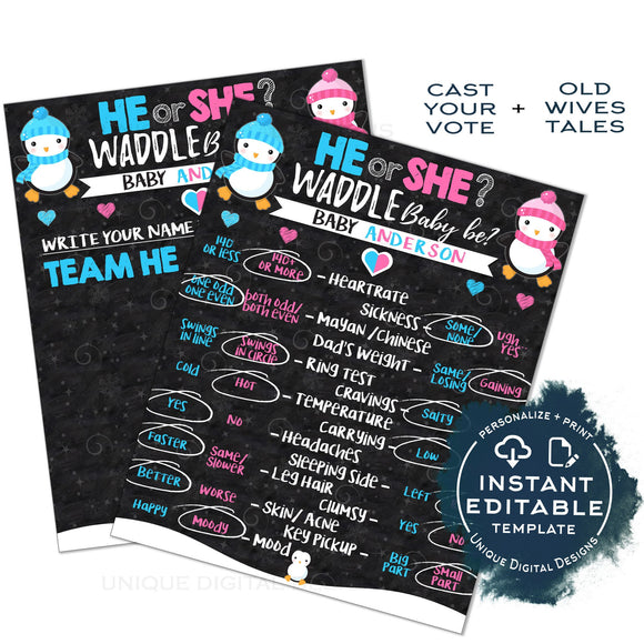 Editable Penguin Gender Reveal Party Old Wife Tales + Cast your Vote Signs, He or She Waddle Baby Be, Winter Baby Shower Printable INSTANT