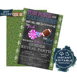 Football Gender Reveal Invitation Kit, Editable Pom Poms or Touchdowns Ticket Invite, He or She Printables, Team Blue Team Pink Baby INSTANT