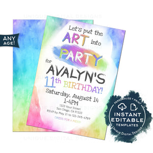 Editable Lets pARTy Invitation, Put the Art in Party Birthday Invite, Dress for a Mess, Girls Painting Art Party, Printable Template INSTANT