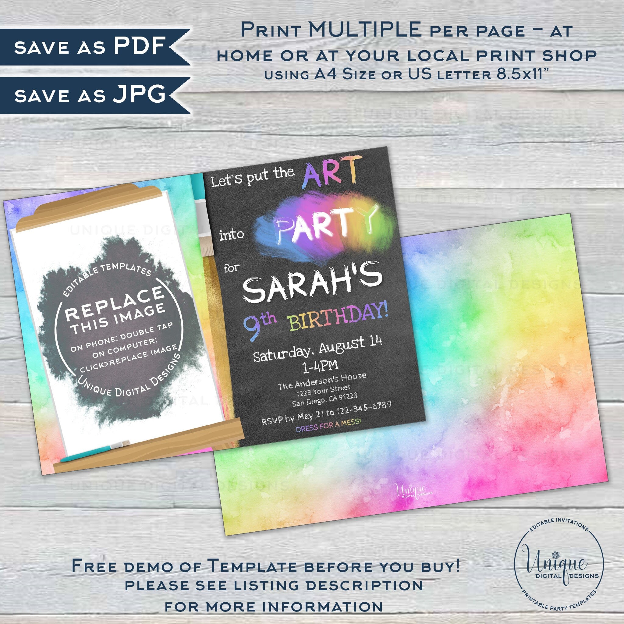 open lace back dress Colorful Painting Birthday Party Invitations with Envelopes Set of 20 Dress  for a Mess Art Painting Birthday Party Invites Fill in Blank : Amazon.sg:  Office Products main image 1