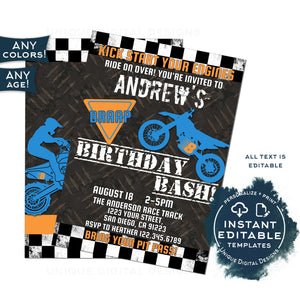 Dirt Bike Birthday Invitation, Editable Birthday Bash Party, Motorbike Kick Start your Engine, Braap Motorcross Printable Template INSTANT