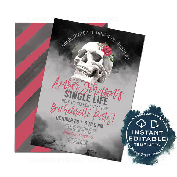 Editable Death to Single Life Invite, Bachelorette Halloween Invitation, RIP being Single, Mourn Skull Costume Party, Printable diy INSTANT