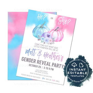 Editable Smoke bomb Pumpkin Gender Reveal Invitation, He or She What will Pumpkin be, Fall Pink or Blue Baby Shower Party, Printable INSTANT
