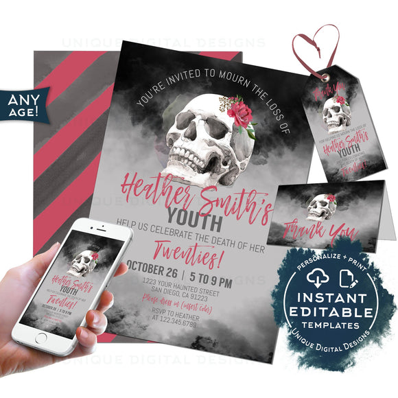 Editable Death to Her Twenties Invite, 30th Birthday Halloween Invitation, RIP 20's Mourn your youth, Skull Costume Party, Printable INSTANT