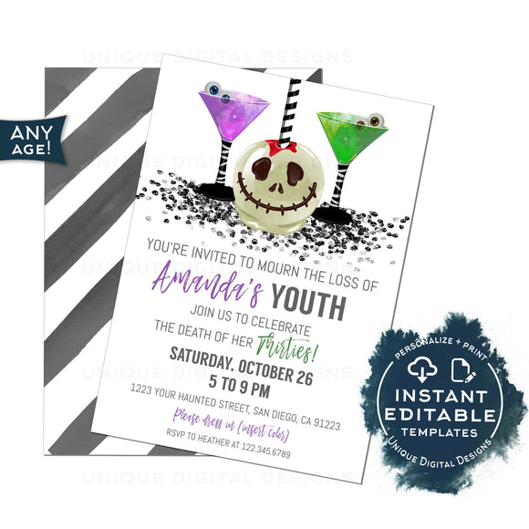 Editable Death to Her Thirties Invite, 40th Birthday Halloween Invitation, RIP 30's Mourn your youth, Skull Costume Party