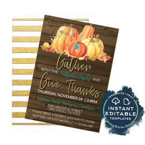 Gather and Give Thanks Friendsgiving Invitation, Editable Potluck Invite, Thanksgiving Feast Dinner Party, Turkey Pumpkin Pie Lunch INSTANT
