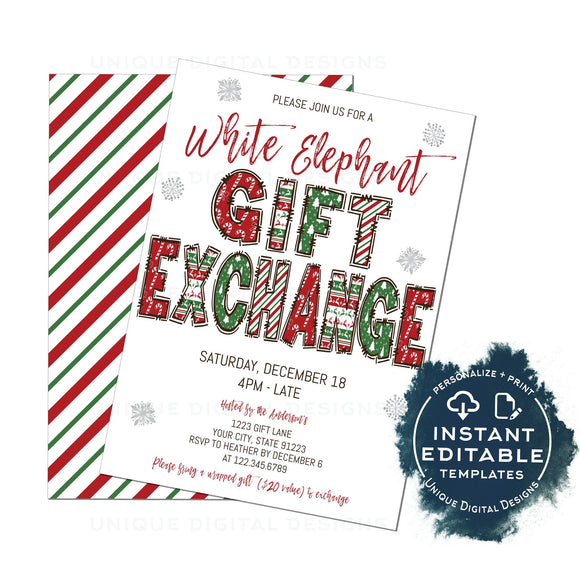 Holiday Gift Exchange Party Invitation Editable Christmas White Eleph holiday-gift-exchange-party-invitation-editable-christmas-white-eleph