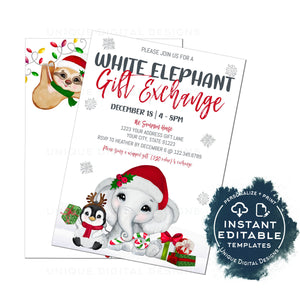 Holiday Gift Exchange Party Invitation, Editable Christmas White Elephant Invite, Winter Present Gift Giving Party, DIY Printable INSTANT
