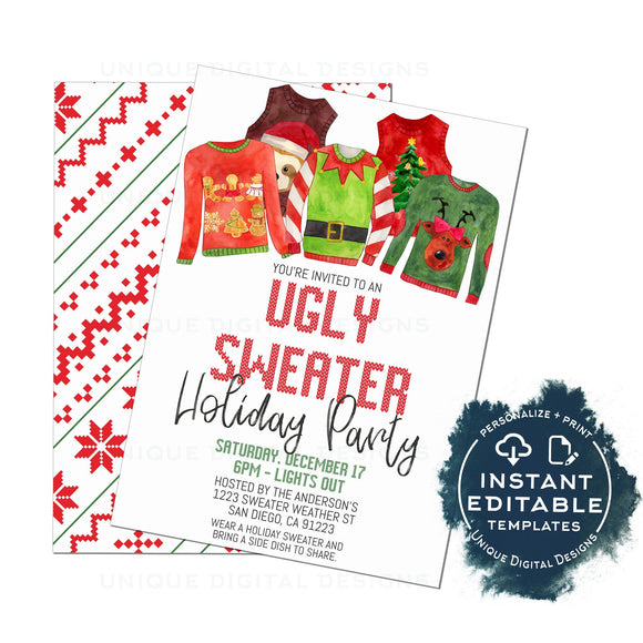 Ugly Sweater Party Invitations, Adult Christmas Invite, Editable Christmas Sweater Weather Lit, White Elephant Holiday Printable INSTANT