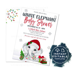 Holiday Baby Shower Party Invitation, Editable Christmas White Elephant Invite, Winter Present Gift Giving Party, DIY Printable INSTANT