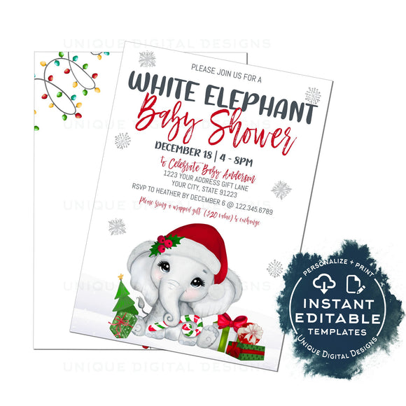 Holiday Baby Shower Party Invitation, Editable Christmas White Elephant Invite, Winter Present Gift Giving Party, DIY Printable INSTANT
