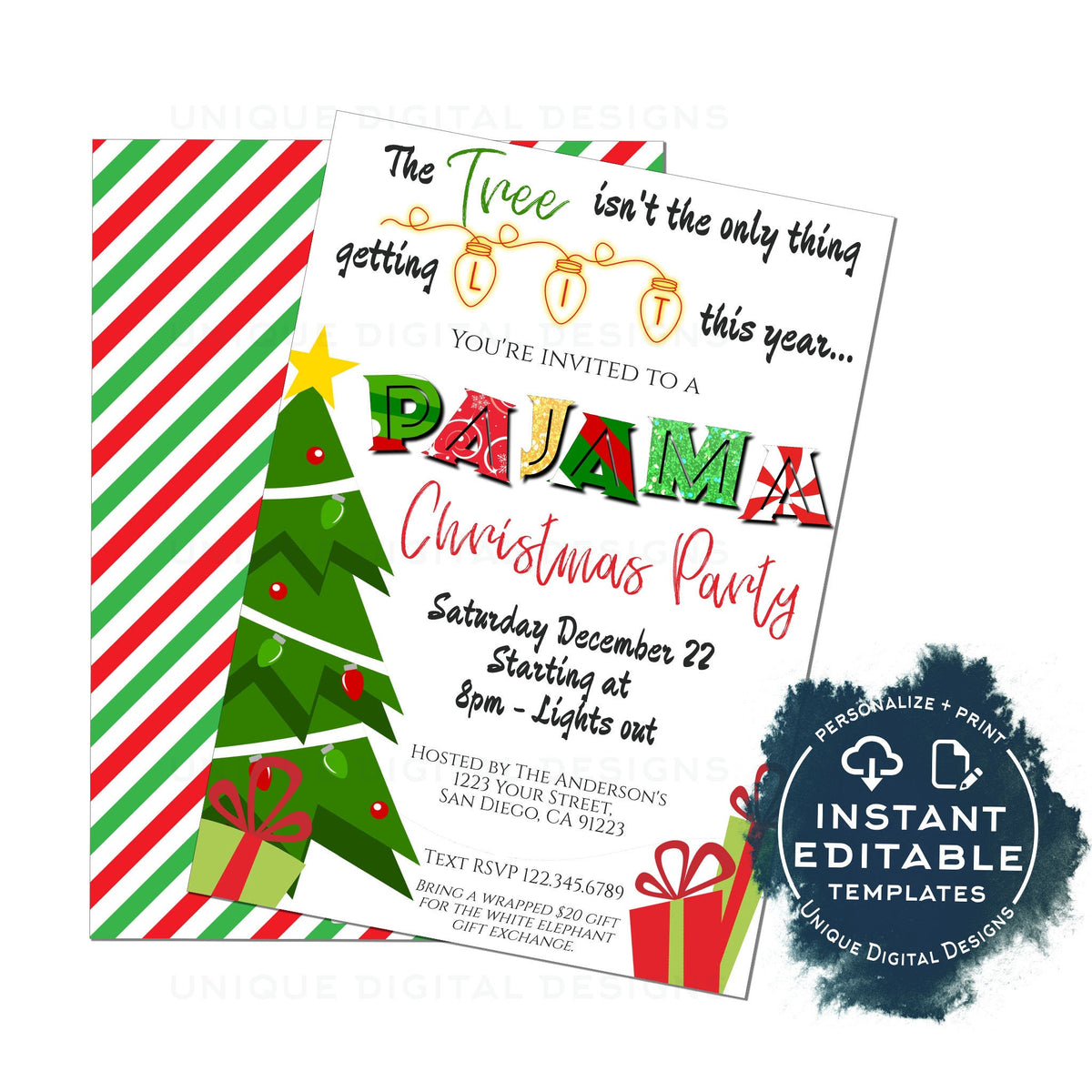 Christmas Pajama Party Invitations Adult Christmas Invite Editable T 8414