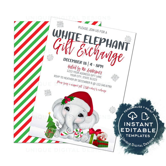 Holiday White Elephant Party Invitation, Editable Christmas Gift Exchange Invite, Winter Present Gift Giving Fundraiser, Printable INSTANT