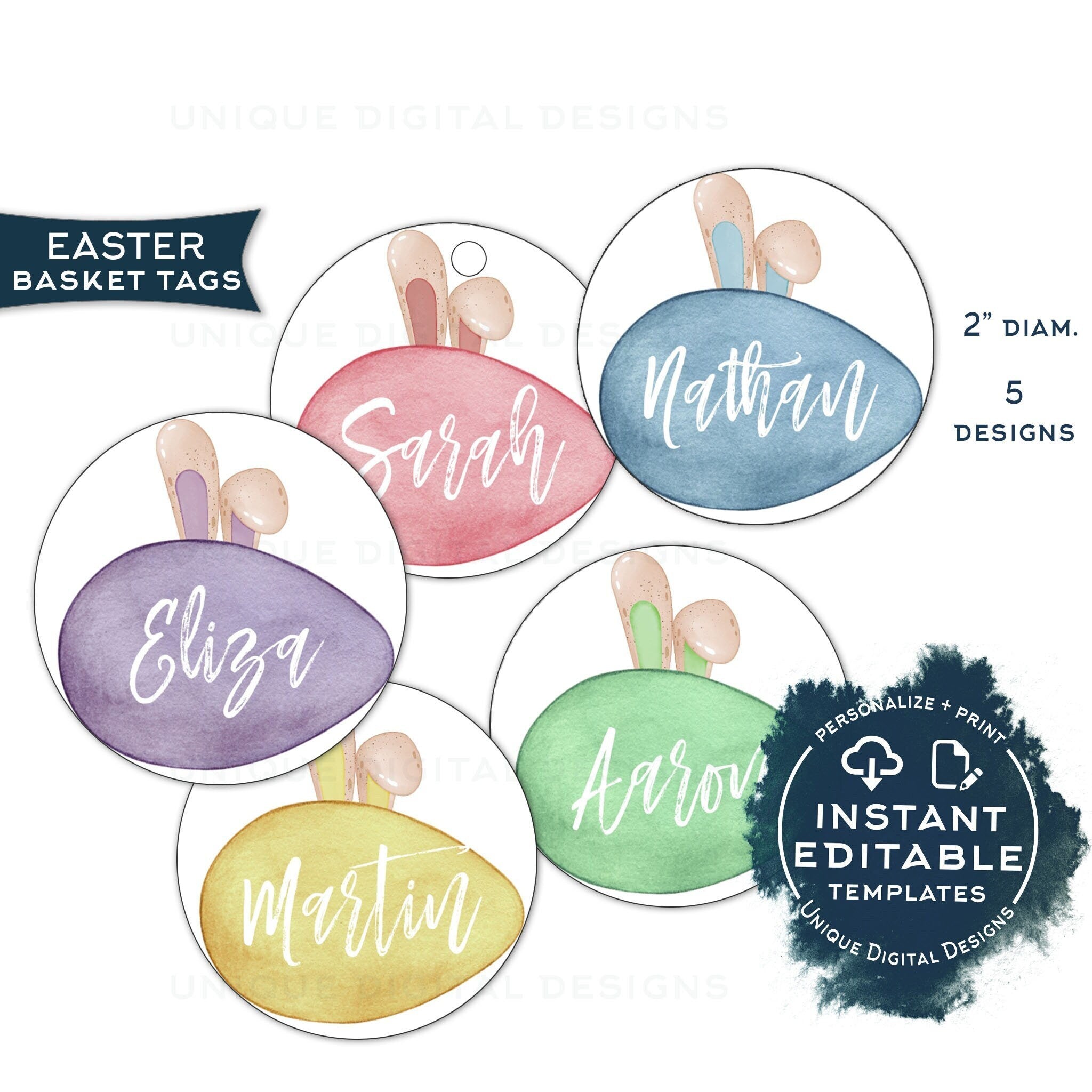 printable custom easter egg basket tag, editable easter egg hunt name