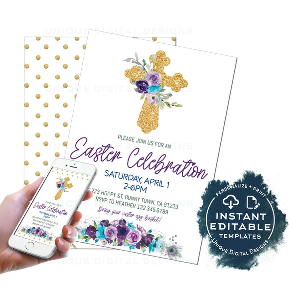 Editable Easter Celebration Invitation, Religious Easter Brunch Egg Hunt Party Invite, Personalized Cross with Flowers Easter Spring INSTANT