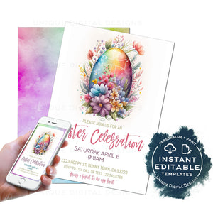 Editable Easter Celebration Invitation, Easter Egg Hunt Party Invite, Pastel Easter Egg Brunch, Personalized Easter Bunny Spring diy INSTANT