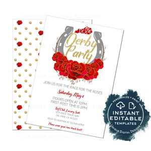 Editable Horse Derby Invitation, Horse Race for the Roses, Off to the Races Party Invite, Horseshoe Vintage Rose Crown, Printable INSTANT