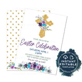 Editable Easter Celebration Invitation, Religious Easter Brunch Egg Hunt Party Invite, Personalized Cross with Flowers Easter Spring INSTANT