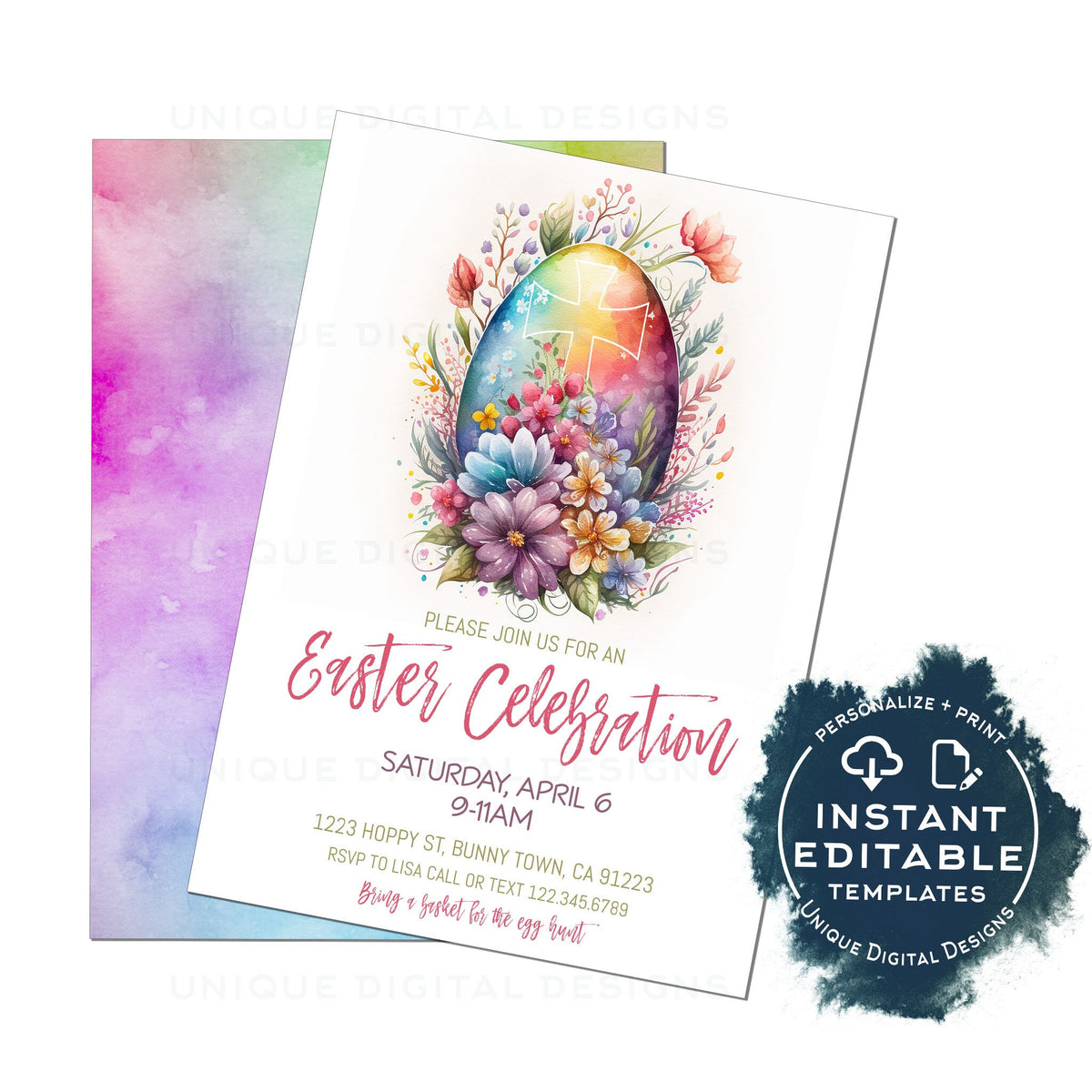 Editable Easter Celebration Invitation, Easter Egg Hunt Party Invite,